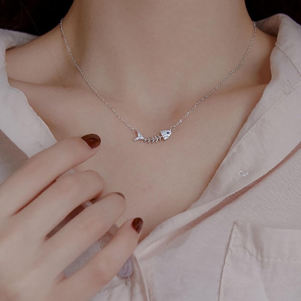 Swarovski Inspired Silver Fishbone Necklace